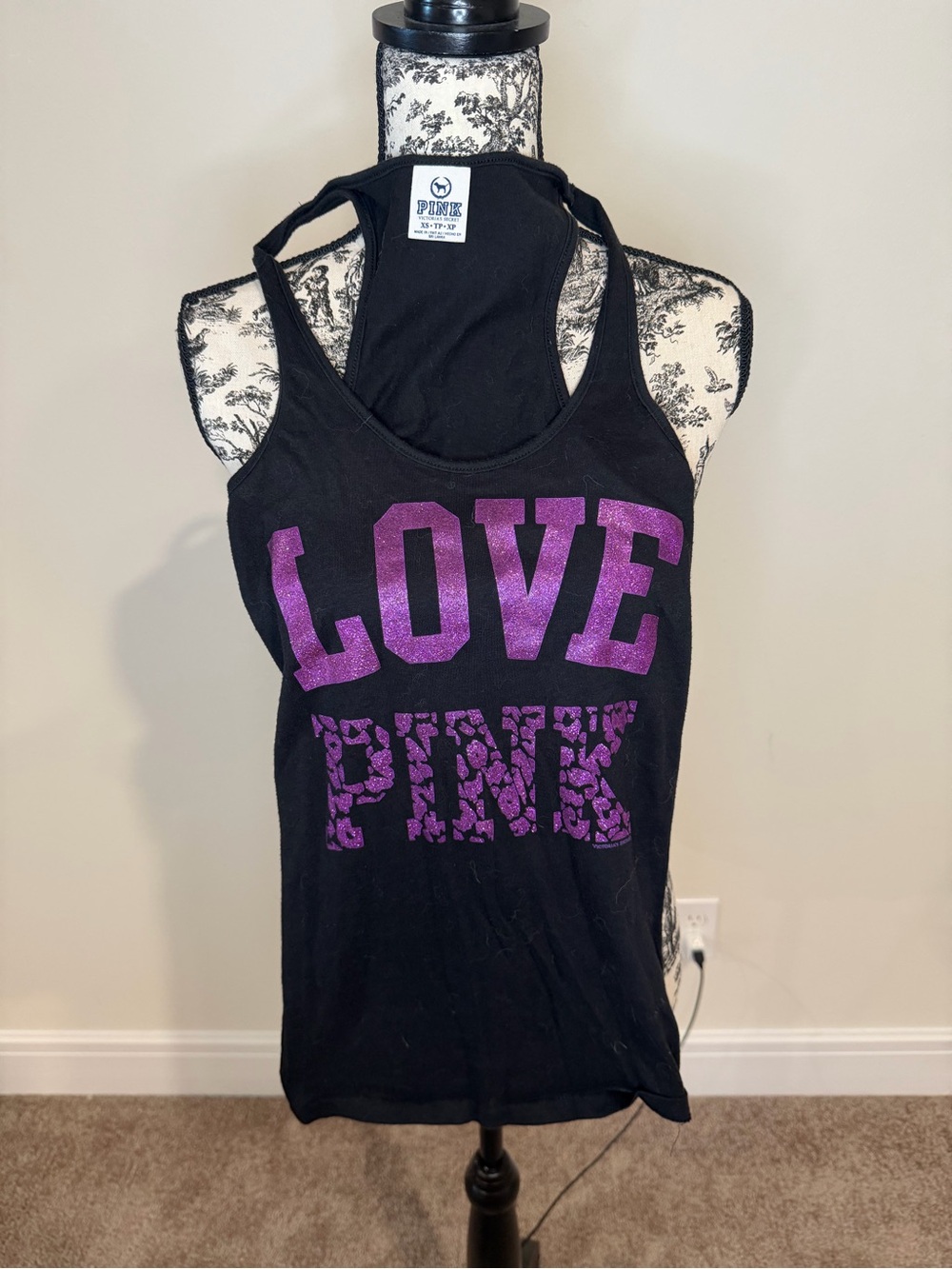 Victoria's Secret PINK Black Tank with Purple 'LOVE PINK' Print Vintage